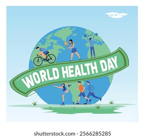 Dynamic depictions of people exercising and engaging in sports against a global backdrop that promotes health awareness. Flat vector modern illustration 