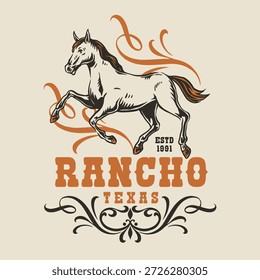 Un diseño dinámico presenta un caballo galopante con melena que fluye rodeado de llamas decorativas. El texto destaca el Rancho Texas establecido en 1991 que celebra la cultura occidental.