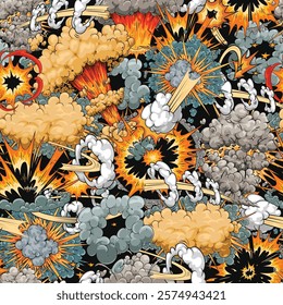 Dynamic design features repeated motifs of explosions and smoke in various colors and shapes. A blend of energy and chaos creates an engaging visual experience for viewers.