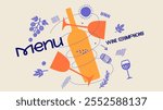 Dynamic design featuring an orange wine bottle, spiraling glasses, and delicate grape patterns, ideal for winery menus or festival posters.