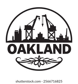 A dynamic design featuring the towering cranes of the Port of Oakland set against the vibrant Oakland skyline, highlighting the city's industrial and urban energy.