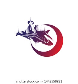 A dynamic and detailed vector illustration featuring a massive futuristic space carrier ship soaring in front of a large, red-to-purple gradient crescent moon. The design captures the essence of interstellar exploration, galactic warfare, and science fiction adventure. This professional emblem is ideal for gaming clans, sci-fi book covers, space-themed entertainment, tech startups, and aerospace branding seeking a bold and visionary visual identity.