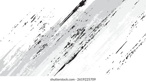 Dynamic Diagonal Brush Strokes: A High-Contrast Grunge Texture with Subtle Gray Tones and Distinct Black Splatters on White, Ideal for Modern Design Elements