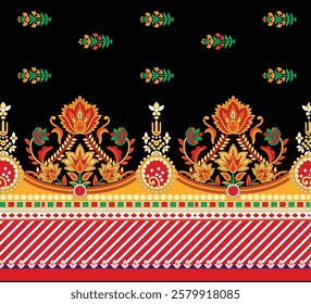 Dynamic diagonal geometric paisley slants softened with intricate floral scroll work for striking wallpapers, bold gift wraps, and artistic textiles.