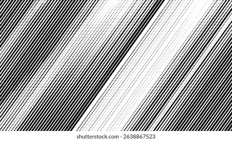 Dynamic diagonal halftone stripe pattern and dots with gradient black and white transition.
