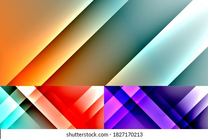 Dynamic diagonal lines abstract background set. Modern trendy techno templates with shadow lines on fluid gradients. Vector wallpaper designs