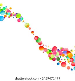 A dynamic diagonal stream of vividly colored bubbles flows across a white background, suggesting motion and festivity.