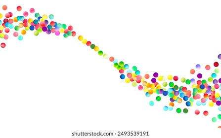 A dynamic diagonal stream of vividly colored bubbles flows across a white background, suggesting motion and festivity.