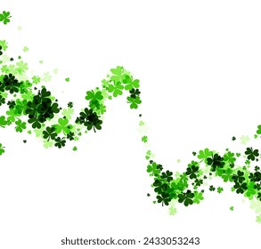 A dynamic, diagonal swirl of clover leaves cascading across a white background, creating a sense of movement, suitable for festive St. Patrick's Day designs.