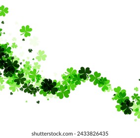 A dynamic, diagonal swirl of clover leaves cascading across a white background, creating a sense of movement, suitable for festive St. Patrick's Day designs.