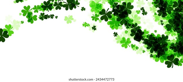 A dynamic, diagonal swirl of clover leaves cascading across a white background, creating a sense of movement, suitable for festive St. Patrick's Day designs.