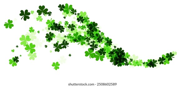 A dynamic, diagonal swirl of clover leaves cascading across a white background, creating a sense of movement, suitable for festive St. Patrick's Day designs.