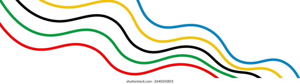 Dynamic diagonal wave lines in red, green, black, yellow, and blue, creating a modern and symbolic pattern with an international and energetic feel