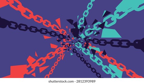Dynamic digital art showing multiple metallic chains radiating from a central point against a solid dark purple background