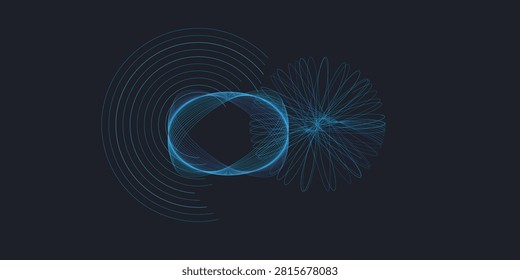 A dynamic digital artwork featuring two intersecting circular wireframe elements in shades of cool blue. The piece utilizes thin precise lines to create a sense of motion and technical sophistication