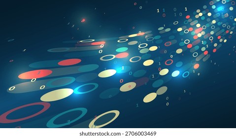 Fondo digital dinámico con coloridas Formas ovaladas y código binario que fluye a través de un espacio azul oscuro, simbolizando flujos de datos y tecnología moderna.