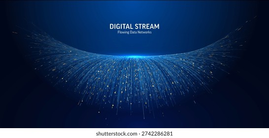 Dynamic digital data flow. Abstract blue wave of tech lines and particles. Modern futuristic network connection concept for business, AI, science, internet, and high-speed information systems