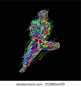 A dynamic digital illustration depicts a martial artist in mid-air, executing a powerful kick. The figure is rendered in vibrant neon colors, with streaks of yellow, blue, and pink forming the outline