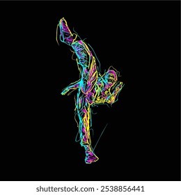 A dynamic digital illustration depicts a martial artist in mid-air, executing a powerful kick. The figure is rendered in vibrant neon colors, with streaks of yellow, blue, and pink forming the outline