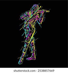 Uma ilustração digital dinâmica retrata um músico de violino A figura é renderizada em cores de neon vibrantes, com listras de amarelo, azul e rosa formando o contorno