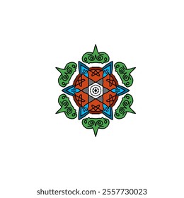 A dynamic digital mandala design featuring vibrant orange, blue, and green tones. This versatile image is perfect for use as a logo, icon, or other design elements