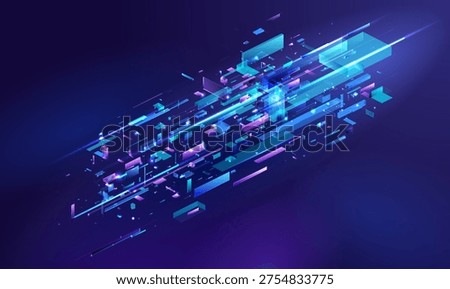 Dynamic digital network flow. Abstract isometric tech fragments, glowing lines. AI, blockchain infrastructure concept for data transfer, cyber space modern business. Futuristic blue-purple background