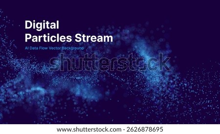 Dynamic Digital Particle Stream on Dark Background. Abstract AI Data Flow Concept for Technology, Science, Innovation, and Futuristic Design. Vector Illustration.