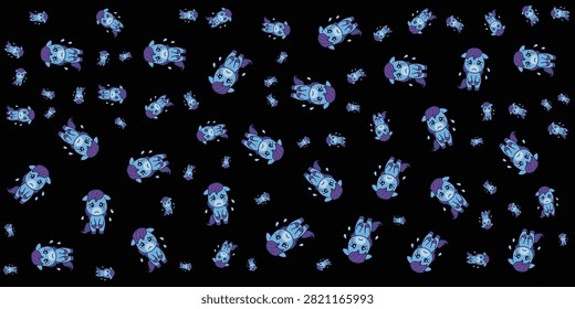 Dynamic digital pattern featuring vibrant blue and purple alien-like entities against a dark cosmic background.