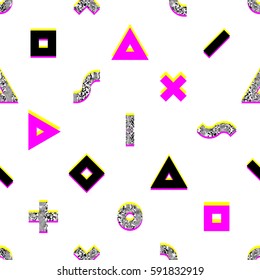 Dynamic digital seamless pattern with monitor glitch or aberration effect. Geometric shapes on solid background. No signal, TV grain vector texture.
