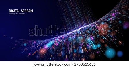 Dynamic digital stream. Abstract multi-color wave of tech particles. Futuristic network connection for big data, AI, high-speed information systems, business and science innovation. Light flow concept