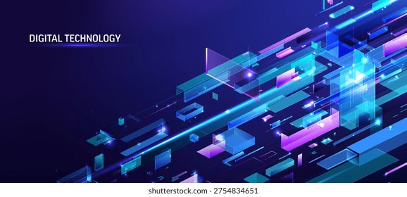 Dynamic digital technology background. Abstract isometric flow, glowing fragments, lines. AI, big data network concept for modern business, cyber security, communication. Futuristic blue-purple design