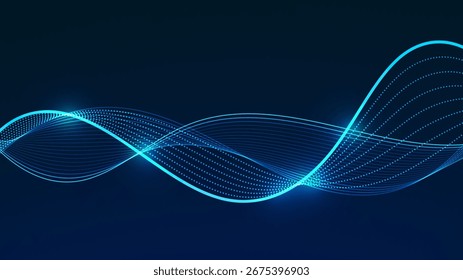 Uma onda digital dinâmica com linhas vibrantes e brilhantes. Este gráfico futurista abstrato ilustra o fluxo de dados suave e os conceitos tecnológicos.