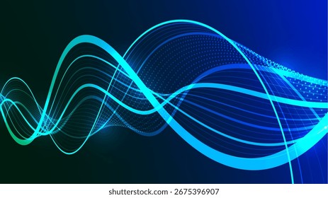Uma onda digital dinâmica com linhas vibrantes e brilhantes. Este gráfico futurista abstrato ilustra o fluxo de dados suave e os conceitos tecnológicos.