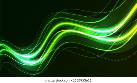 Dynamic digital wave with vibrant neon lights. This futuristic graphic illustrates smooth data flow and technological motion.