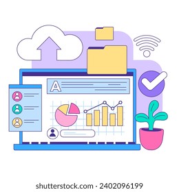 La escena dinámica del espacio de trabajo digital presenta carga en la nube, análisis de datos vibrantes y conectividad inalámbrica. Las eficaces herramientas en línea optimizan el flujo de trabajo moderno. Ilustración vectorial plana