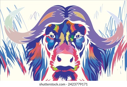 Dynamic digitally illustrated buffalo vector, ideal for wallpapers and digital projects. Multiple colors enrich your designs, adding depth and versatility to enhance any digital space