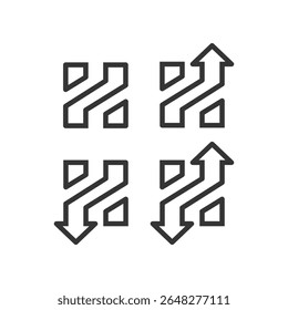 Dynamic Directional Icons: Four minimalist icons featuring interconnected lines and directional arrows, symbolizing movement, choices, and strategic paths. Z letter and arrow, unique and elegant.