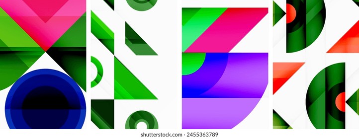 A dynamic display of colorfulness featuring rectangles, triangles, circles, and electric blue tints. The symmetrical pattern creates an artistic composition on a white background