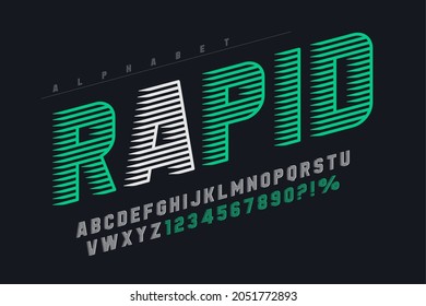 Dynamic display letters design, alphabet, numbers. Vector characters. 15 degree skew