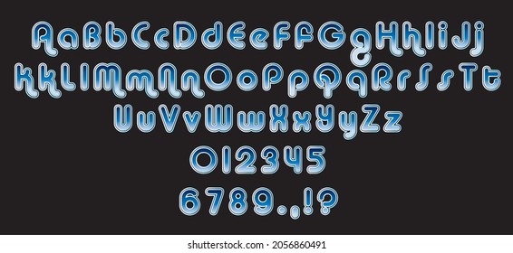 Dynamic display letters design, alphabet, numbers. Vector characters. Blue in black.Can be use as game UI\Printing\Party\Logo