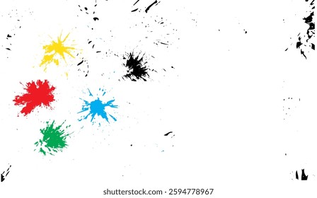 A Dynamic Display of Splattered Colors, Vibrant Red, Yellow, Green, Blue, and Black Paint Explosions on a Clean White Canvas Backdrop Creating an Energetic and Artistic Expression