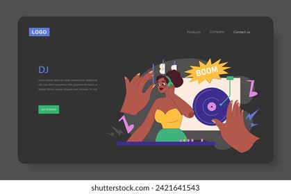 Dynamic DJ at Party web or landing. Capturing the energetic atmosphere of a live DJ set. Music and entertainment at its peak. Dance floor vibes brought to life. Flat vector illustration