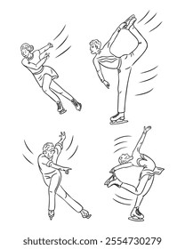 Dynamic doodle illustrations of figure skaters performing elegant spins, jumps, and poses on ice. Vector hand drawn sketches isolated on white background. Winter sport drawings for coloring pages