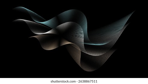 Dynamic dot curve forming a halftone wave in a digital abstract space, colorful halftone gradient, forming a flowing dot curve against a black backdrop.