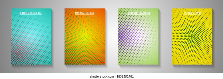 Dynamic dot faded screen tone title page templates vector collection. Digital brochure perforated screen tone backdrops. Retro cartoon comics style front page leaflets. Distressed prints.