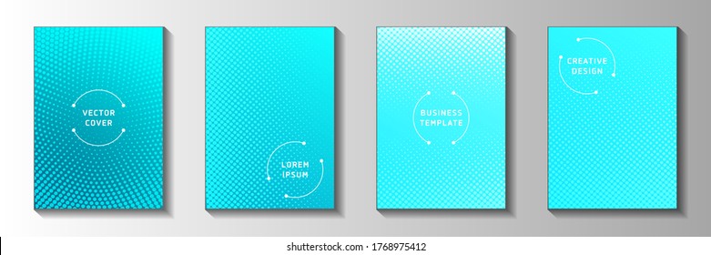Dynamic dot perforated halftone cover page templates vector collection. Business poster faded halftone backgrounds. Vintage manga comics style title page layouts. Linear design.