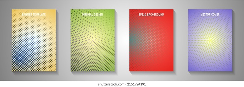 Dynamic dot perforated halftone title page templates vector set. Geometric flyer faded halftone backdrops. Retro cartoon comics style front page leaflets. Line art design.