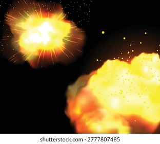 Dynamic double fire explosion on black background with glowing sparks and smoke. Powerful cinematic blast effect for action games, movie posters, and energetic graphic designs