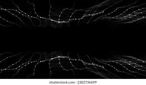 Doble onda dinámica con puntos y líneas conectados en un fondo oscuro. Concepto de fondo de onda digital. Resumen de los antecedentes tecnológicos. Gran visualización de datos. Ilustración vectorial.