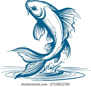 Dibujo dinámico de un pez koi saltando sobre las ondas que simbolizan la suerte y la vitalidad